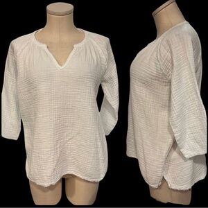 Mododoc White muslin Straight Cut Top with Spliced Neckline